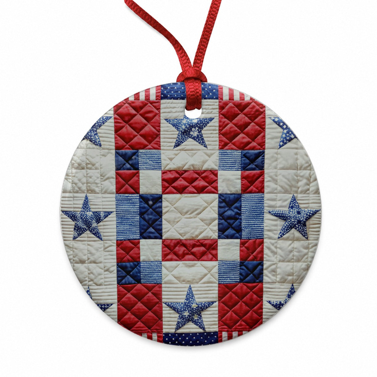 Patchwork Quilt Patriotic Round Ceramic Holiday Christmas Tree Ornament