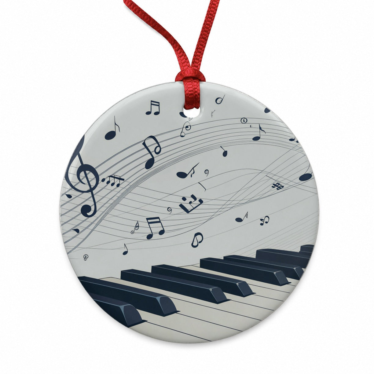 Piano Keys Musical Notes In Motion Round Ceramic Holiday Christmas Tree Ornament