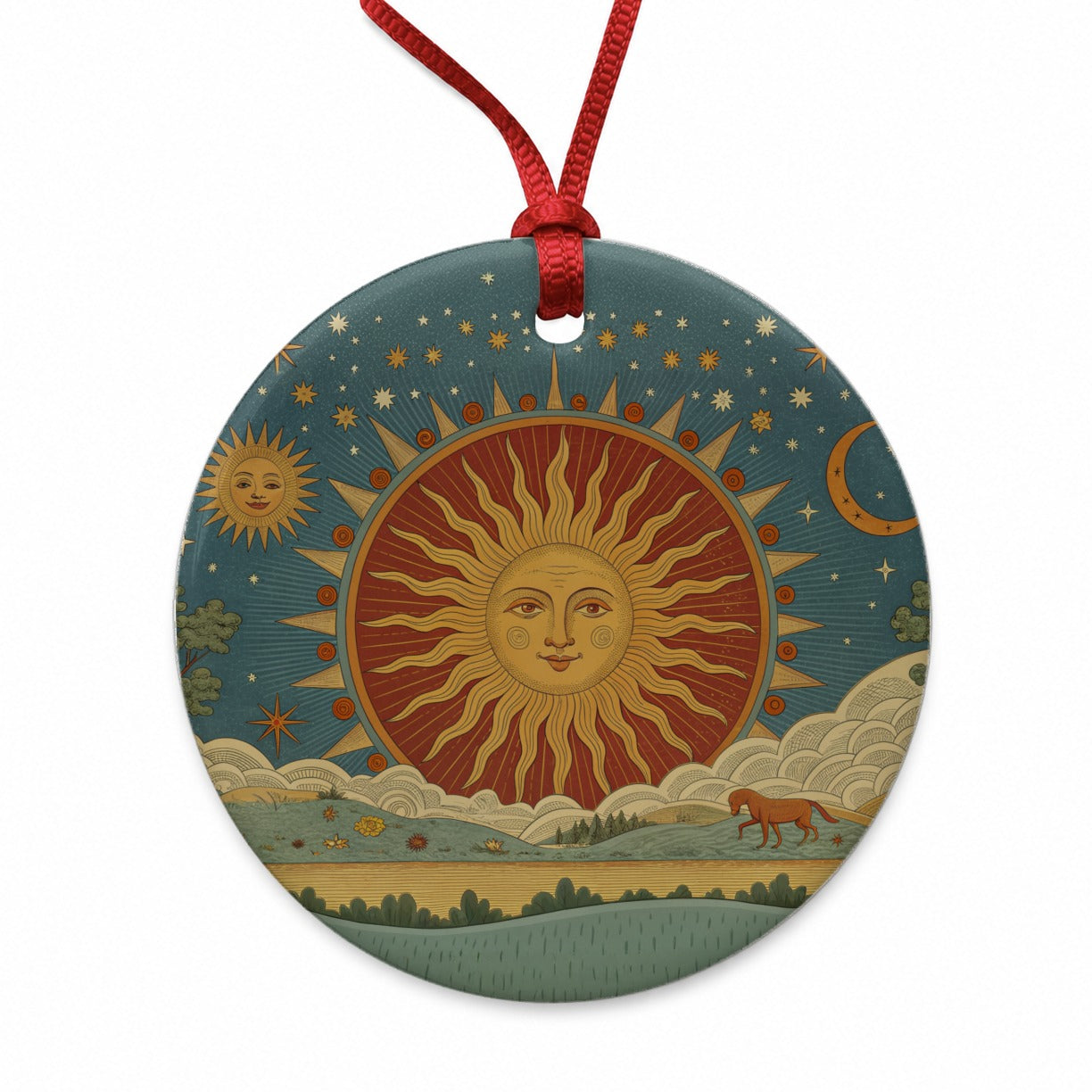 Radiant Sun Tarot Design Round Ceramic Holiday Christmas Tree Ornament