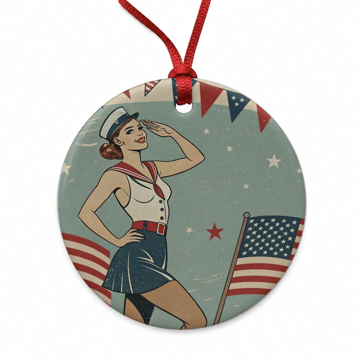 Retro Patriotic Pinup Style USA America Round Ceramic Holiday Christmas Tree Ornament
