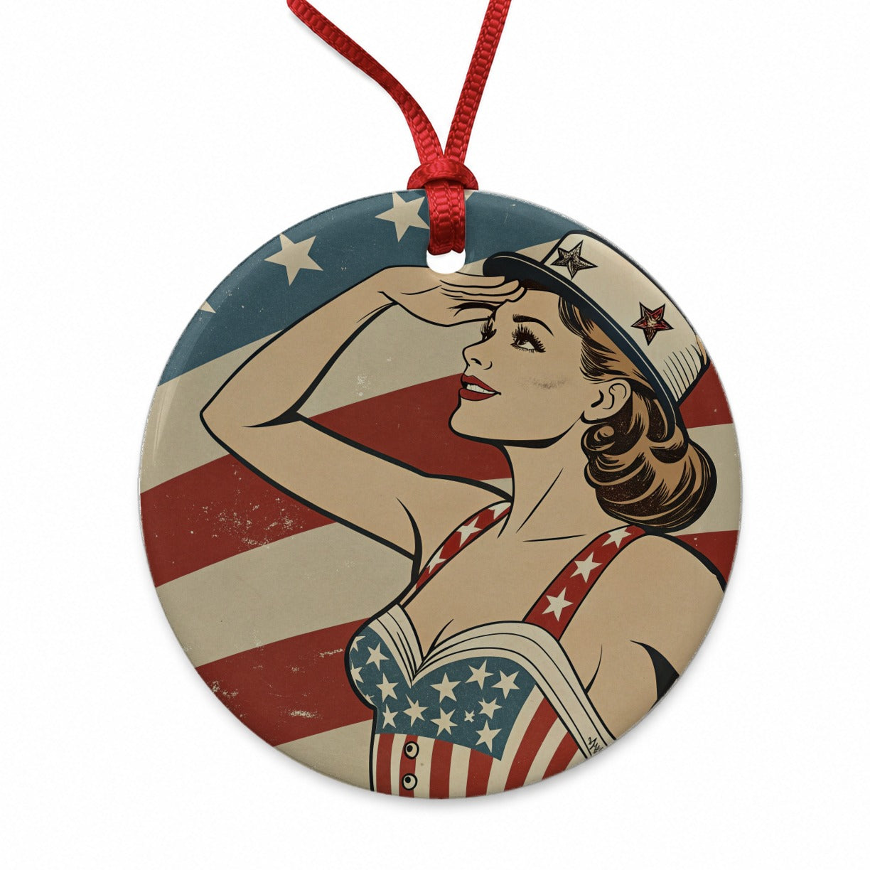 Retro Patriotic Sailor Pinup USA America Round Ceramic Holiday Christmas Tree Ornament