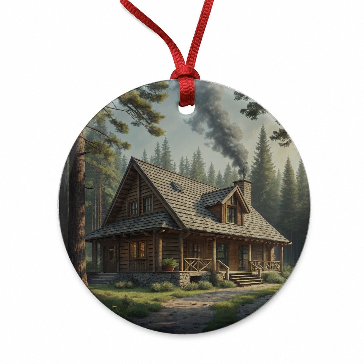 Rustic Hunting Lodge Log Cabin Round Ceramic Holiday Christmas Tree Ornament
