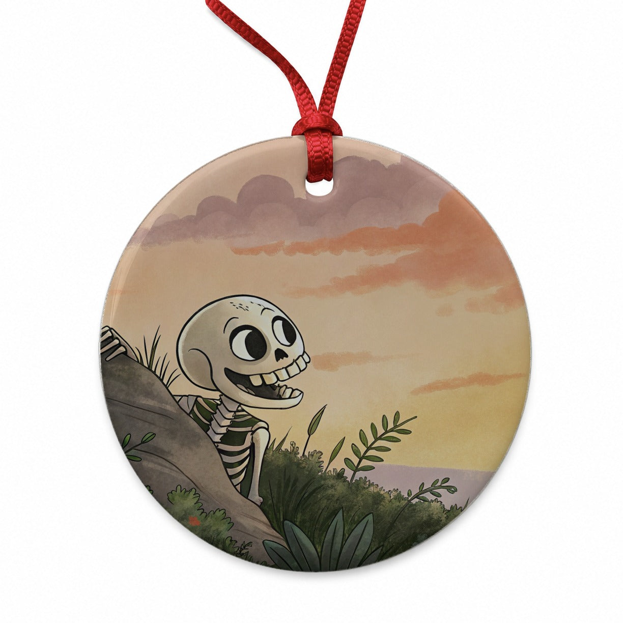 Skeleton Tree Sunset Halloween Round Ceramic Holiday Christmas Tree Ornament