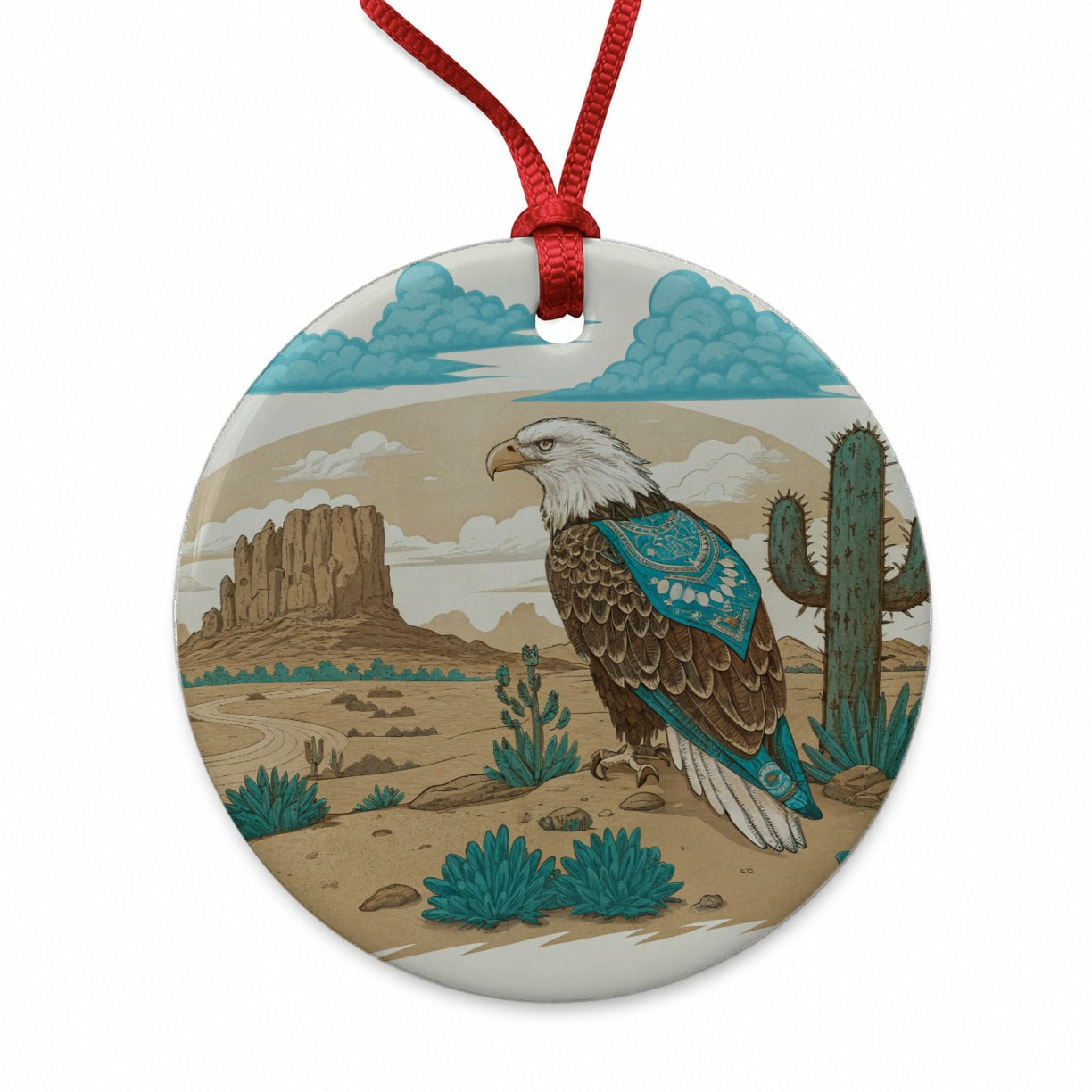Southwestern Bald Eagle Desert Round Ceramic Holiday Christmas Tree Ornament