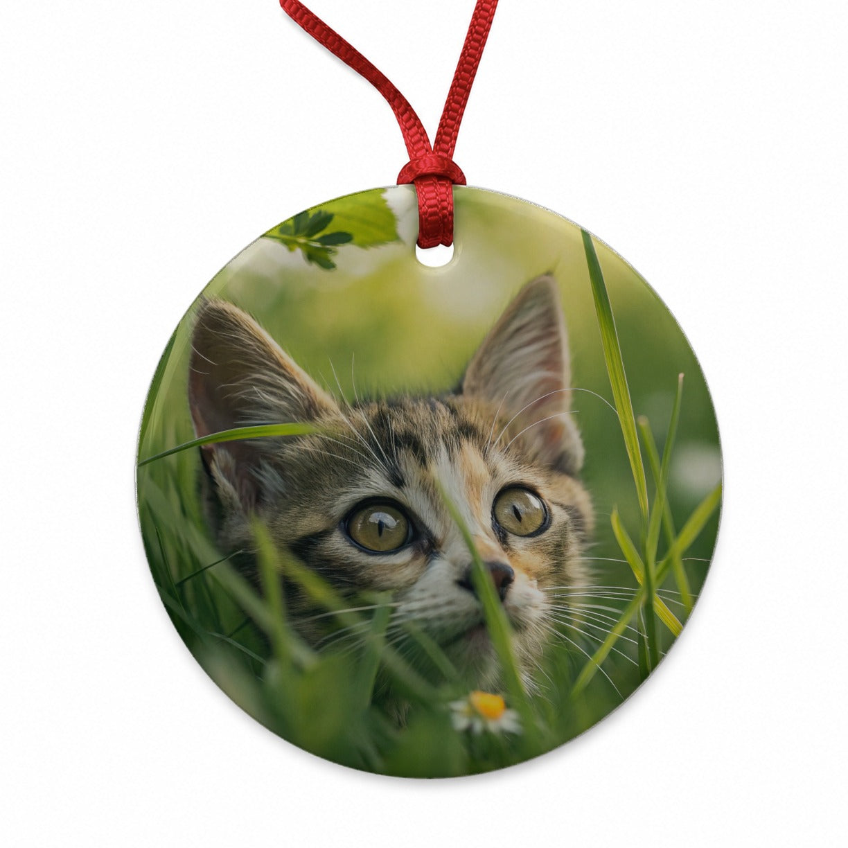 Tabby Cat In Nature Round Ceramic Holiday Christmas Tree Ornament