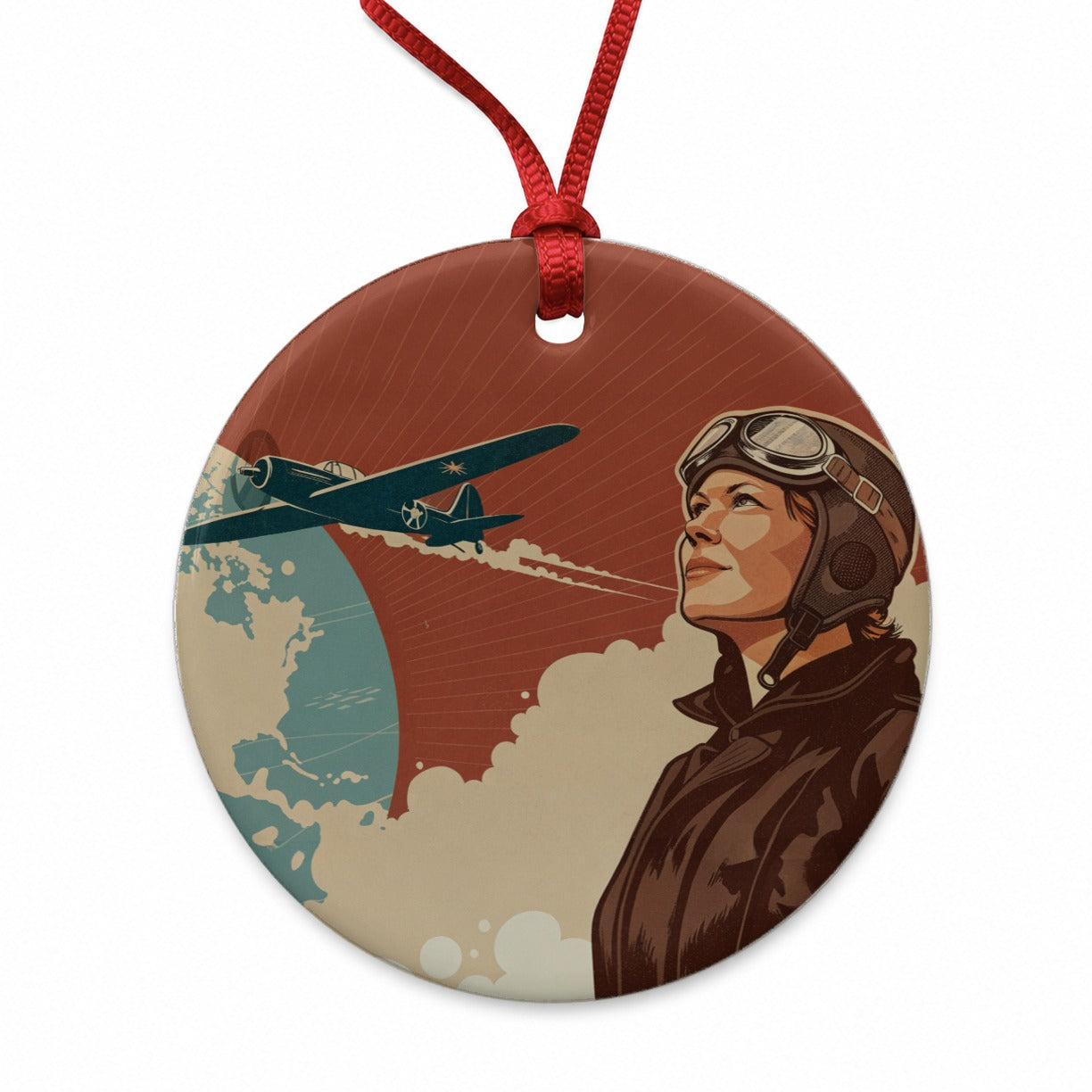 Vintage Amelia Earhart Aviation Travel Round Ceramic Holiday Christmas Tree Ornament