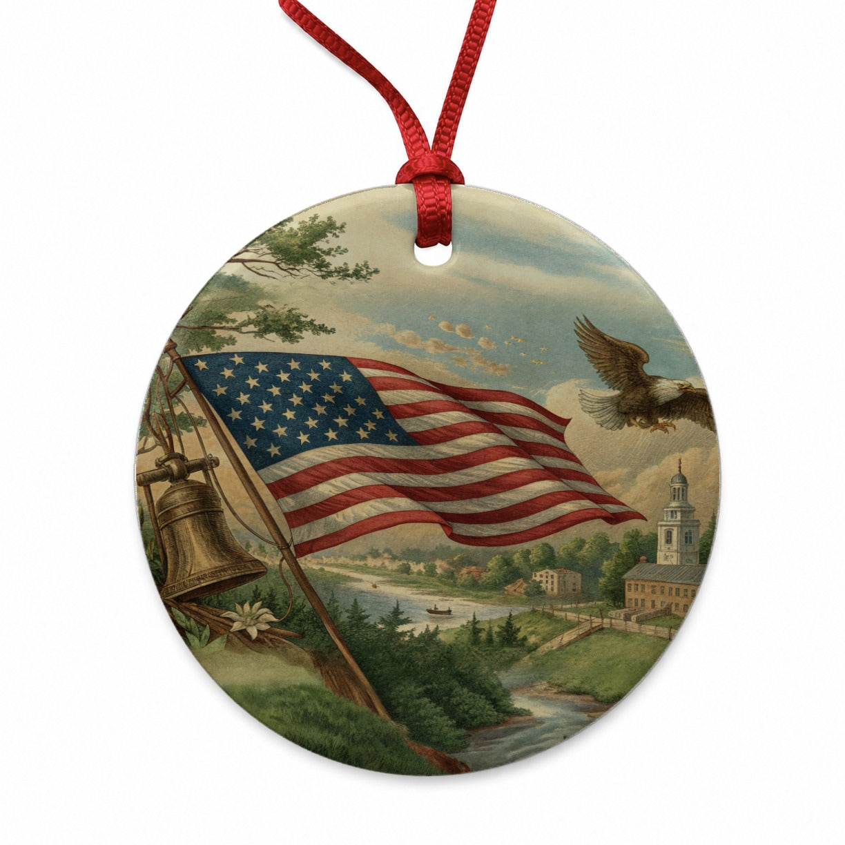 Vintage American Eagle Flag Round Ceramic Holiday Christmas Tree Ornament
