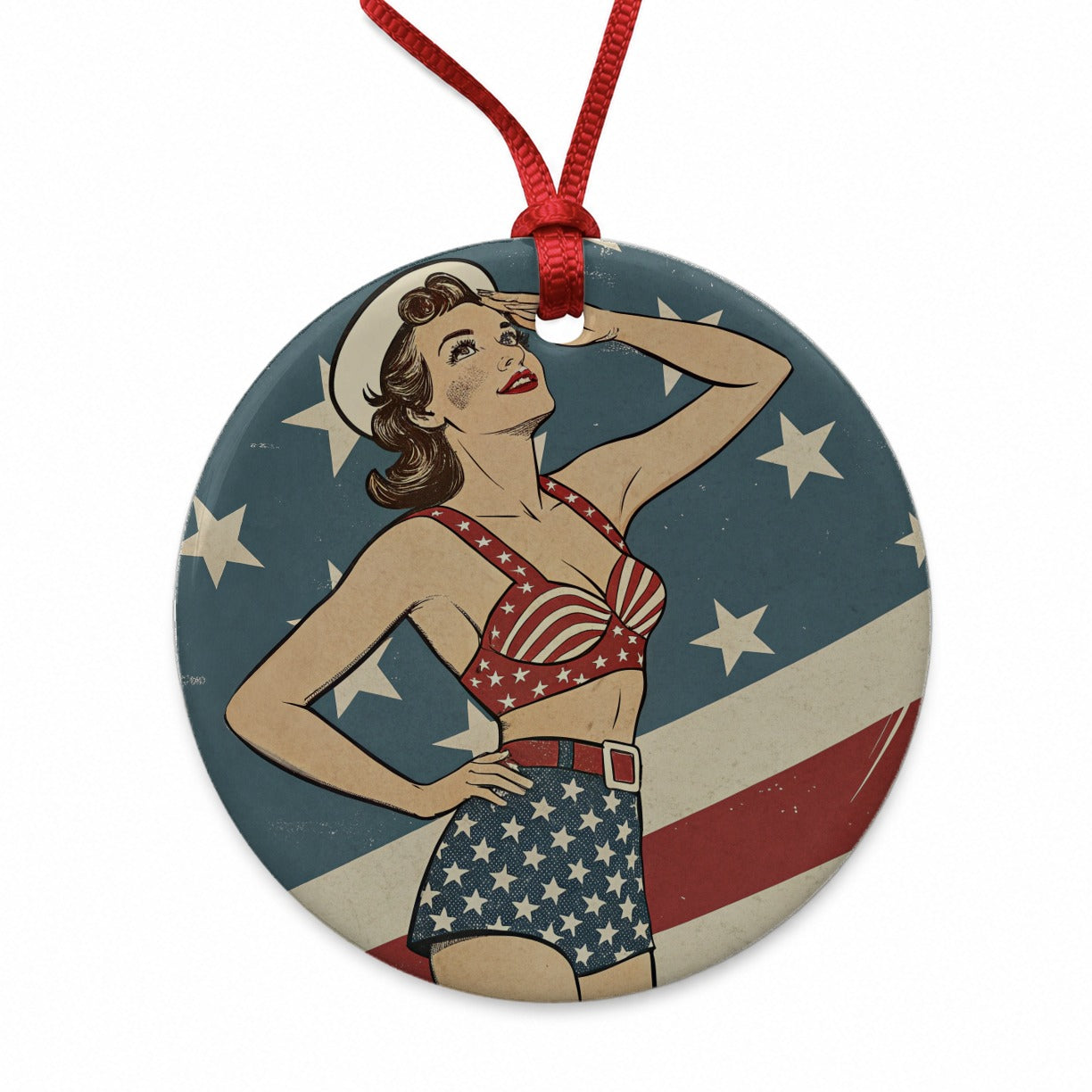 Vintage American Flag Pinup Woman Round Ceramic Holiday Christmas Tree Ornament
