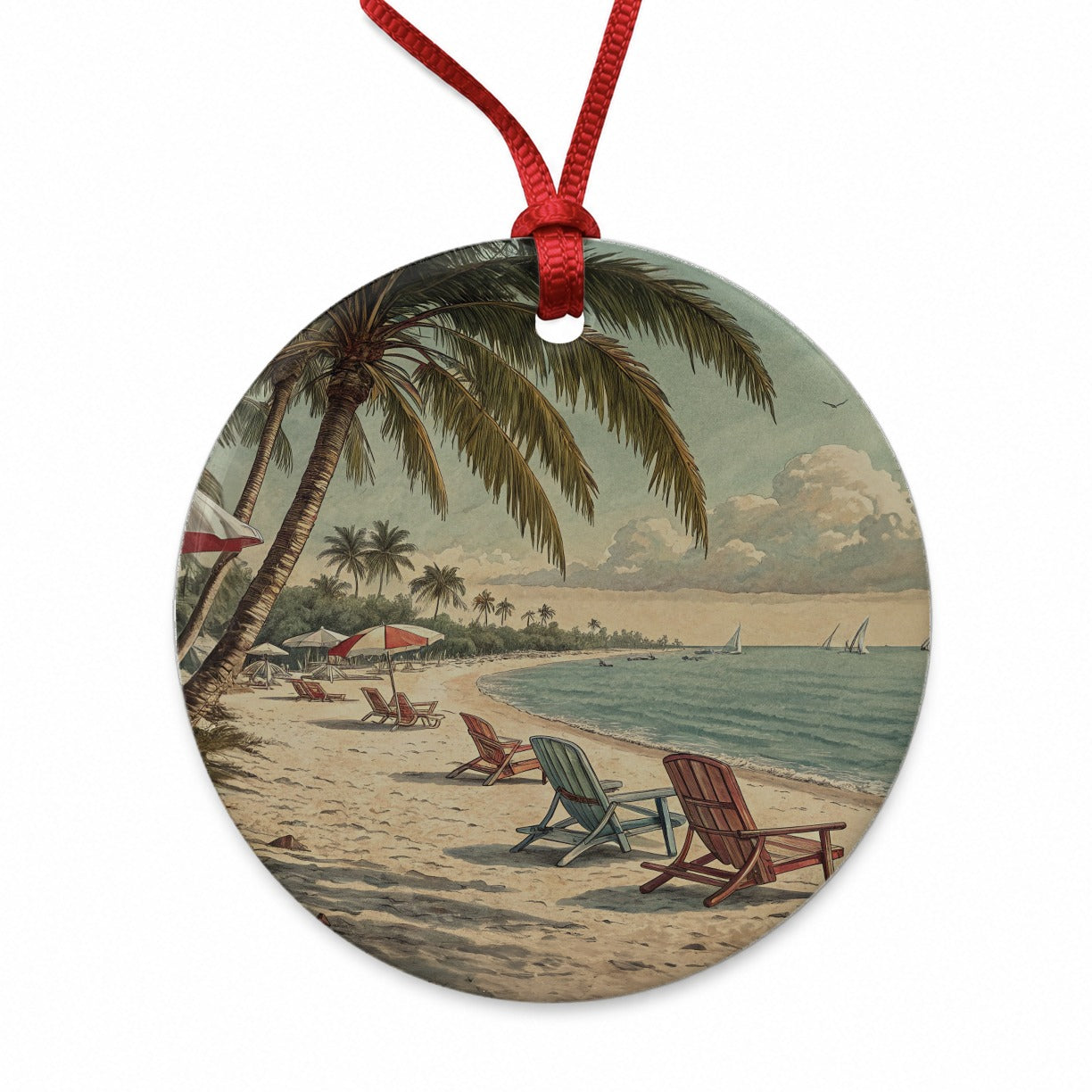 Vintage Beach Scene Holiday Round Ceramic Holiday Christmas Tree Ornament