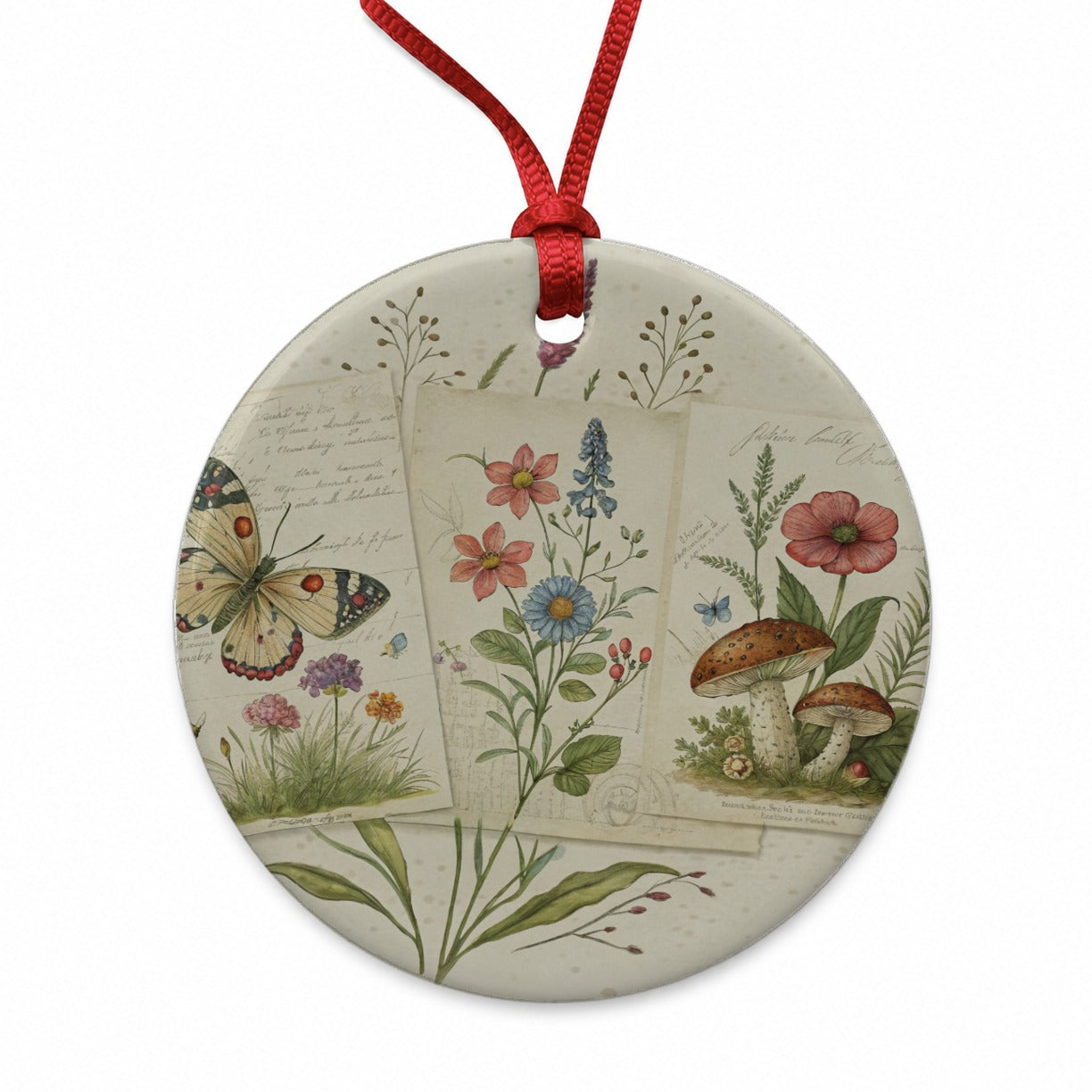 Vintage Botanical Illustration Collage Round Ceramic Holiday Christmas Tree Ornament