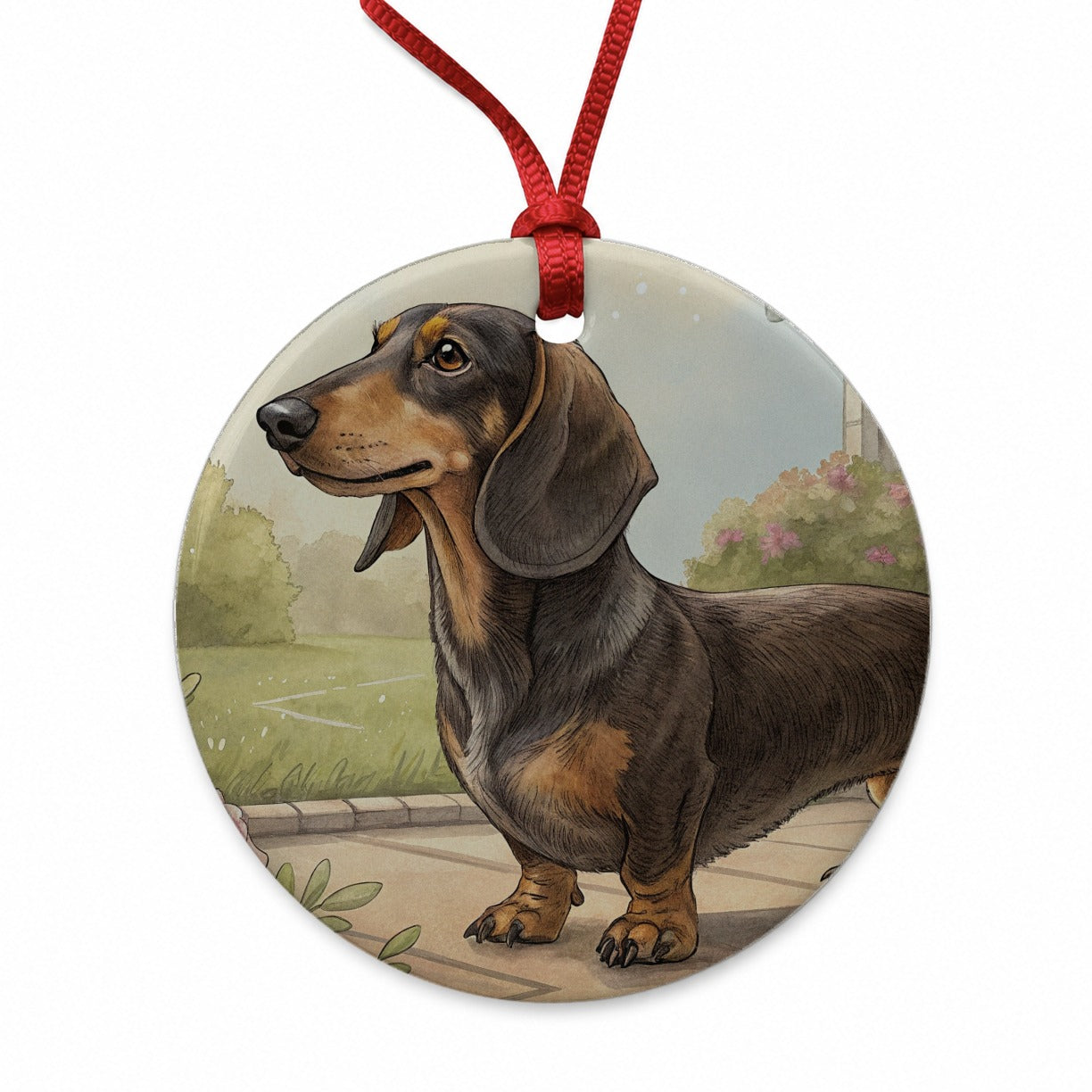 Vintage Dachshund Dog Portrait Round Ceramic Holiday Christmas Tree Ornament
