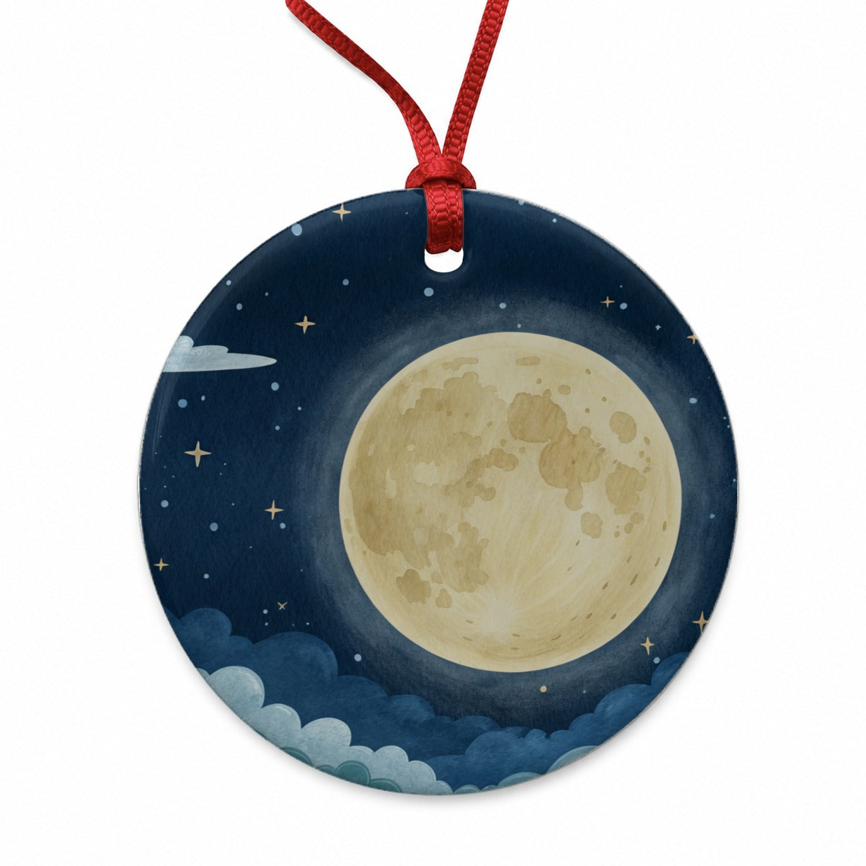 Watercolor Moon At Night Round Ceramic Holiday Christmas Tree Ornament