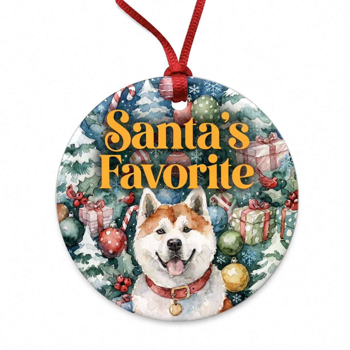 Akita Dog Christmas Santa's Favorite Round Ceramic Holiday Christmas Tree Ornament