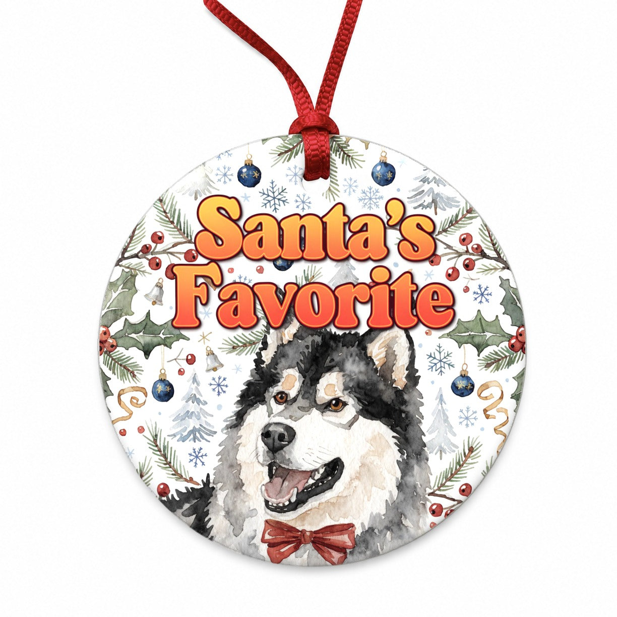 Alaskan Malamute Dog Christmas Santa's Favorite Round Ceramic Holiday Christmas Tree Ornament
