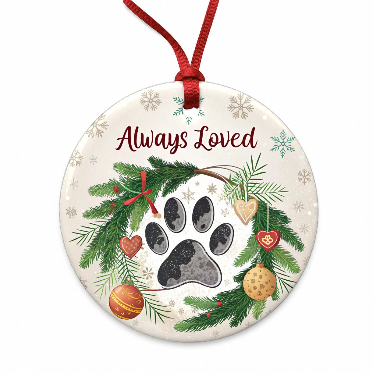 Always Loved Paw Print Christmas Dog Cat Round Ceramic Holiday Christmas Tree Ornament