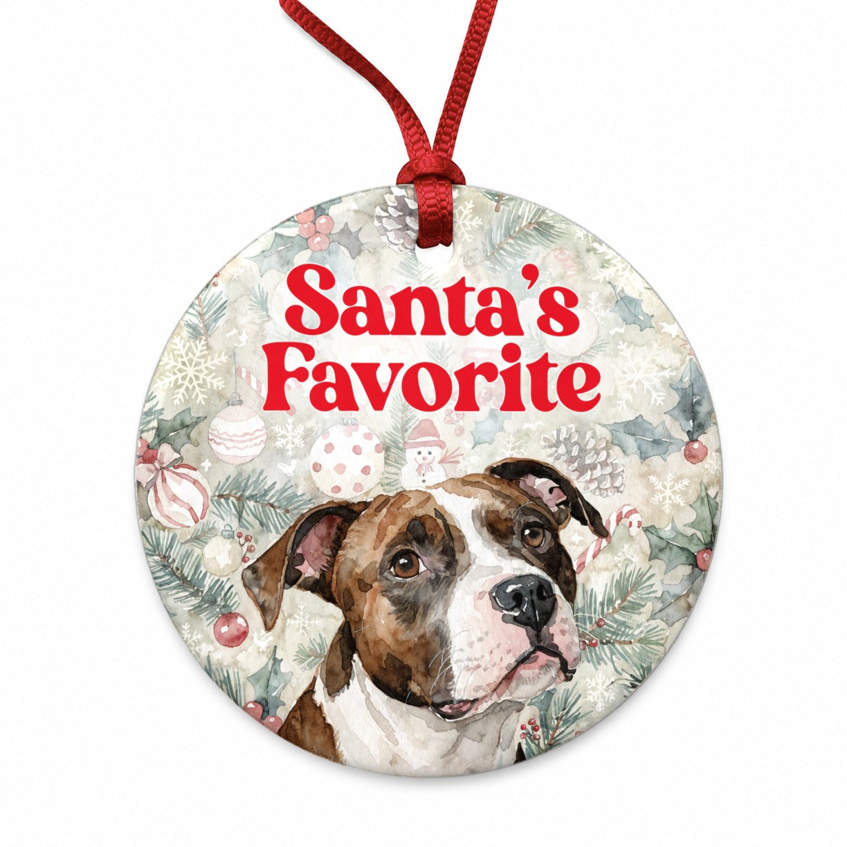 American Pit Bull Terrier Dog Christmas Santa's Favorite Round Ceramic Holiday Christmas Tree Ornament