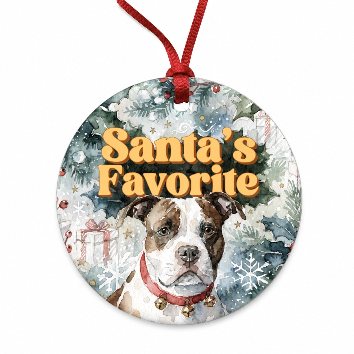 American Staffordshire Terrier Christmas Santa's Favorite Round Ceramic Holiday Christmas Tree Ornament