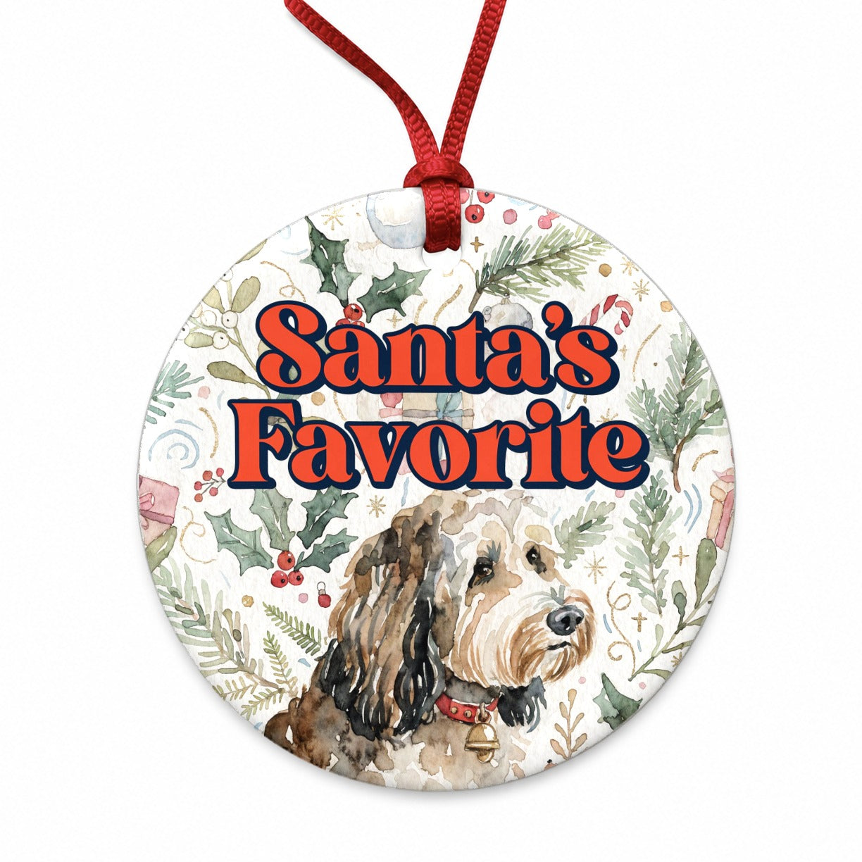 Aussiedoodle Dog Christmas Santa's Favorite Round Ceramic Holiday Christmas Tree Ornament