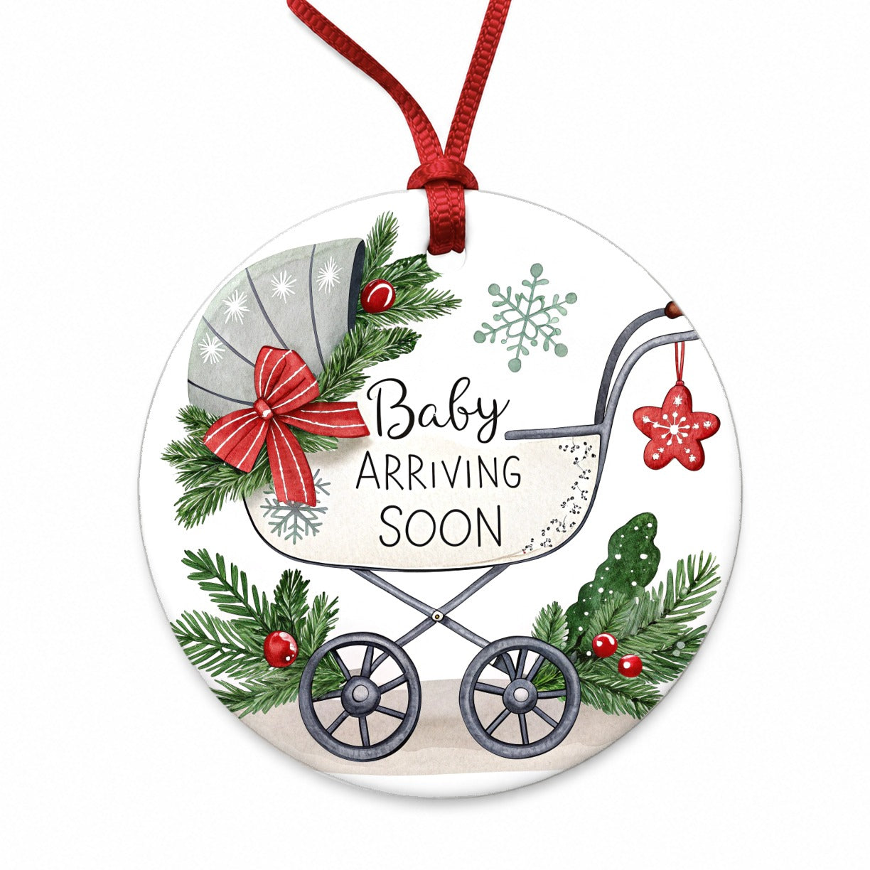 Baby Arriving Soon Christmas Pregnancy Round Ceramic Holiday Christmas Tree Ornament