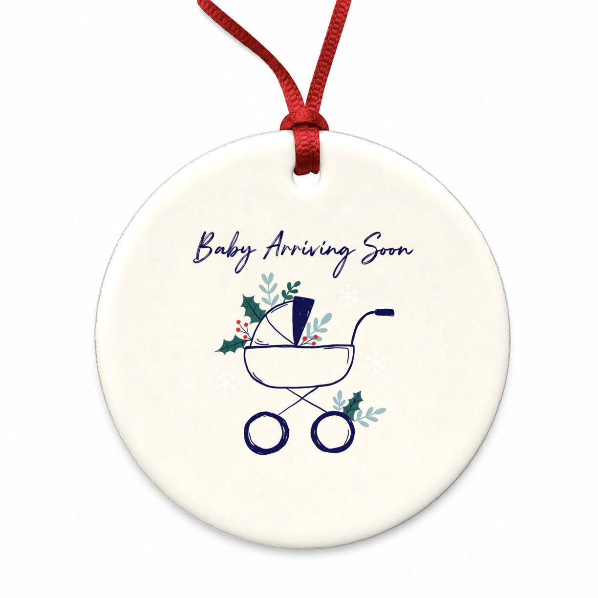 Baby Arriving Soon Christmas Pregnant Round Ceramic Holiday Christmas Tree Ornament