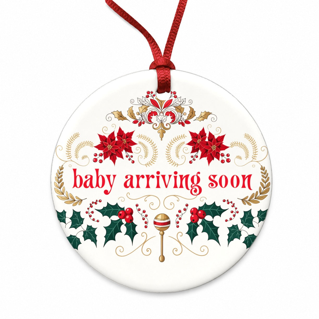 Baby Arriving Soon Pregnant Christmas Round Ceramic Holiday Christmas Tree Ornament