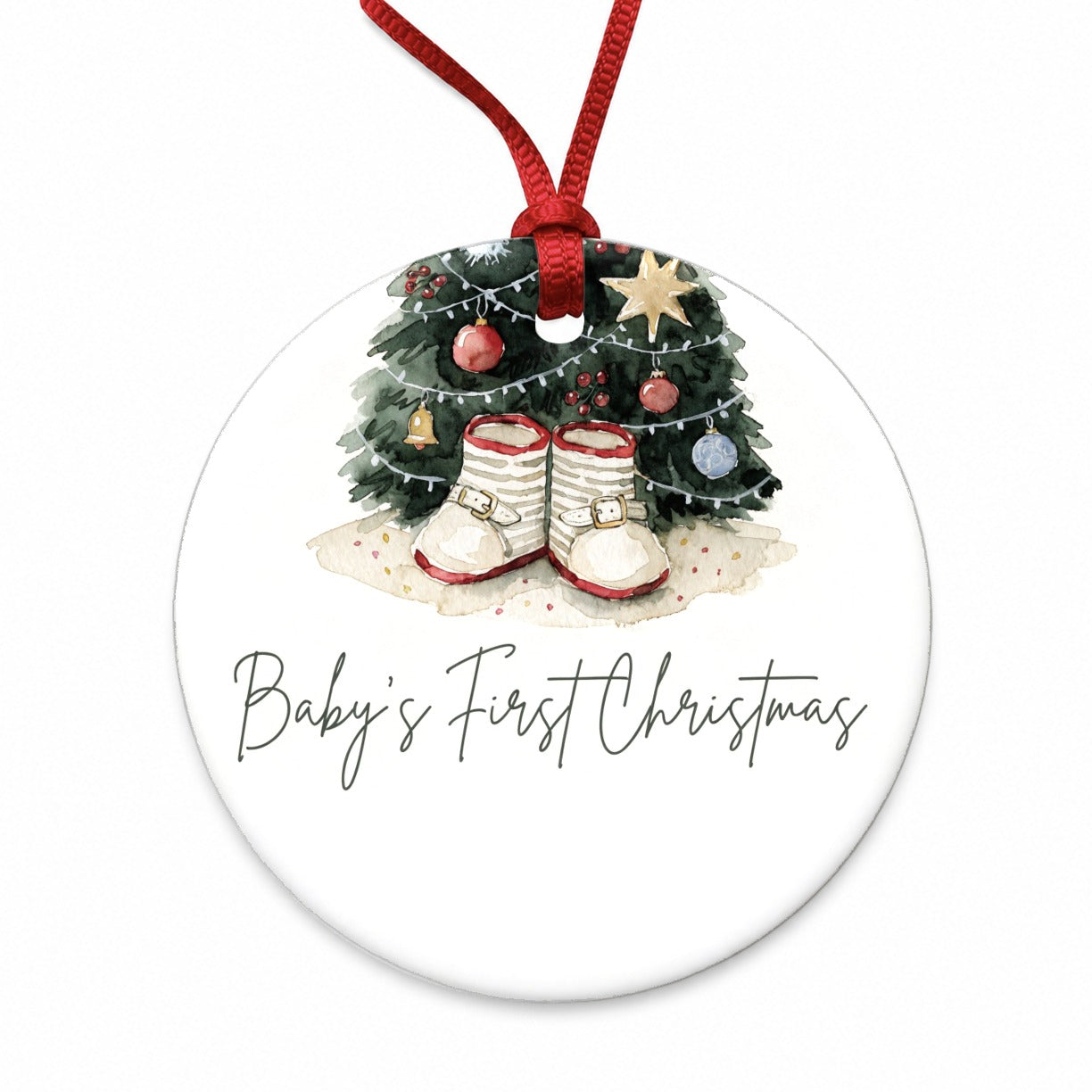 Baby's First Christmas Booties Tree Round Ceramic Holiday Christmas Tree Ornament