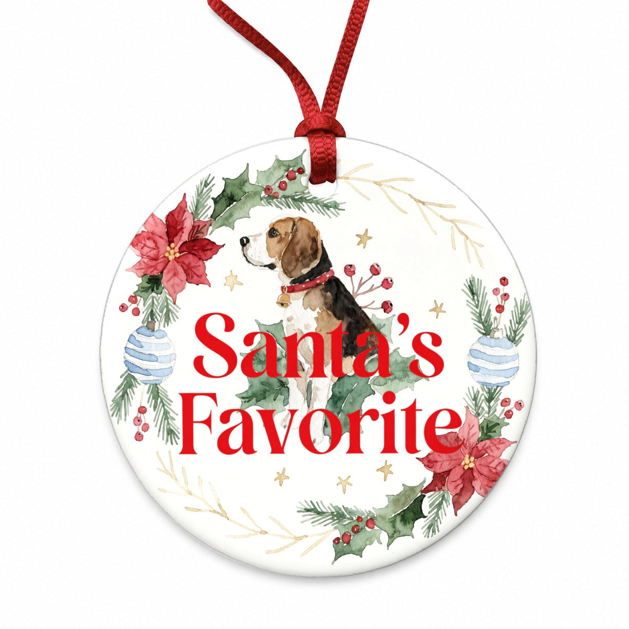 Beagle Dog Christmas Santa's Favorite Round Ceramic Holiday Christmas Tree Ornament