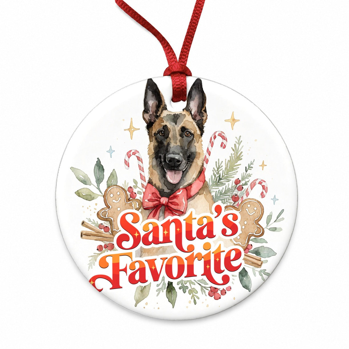 Belgian Malinois Dog Christmas Santa's Favorite Round Ceramic Holiday Christmas Tree Ornament