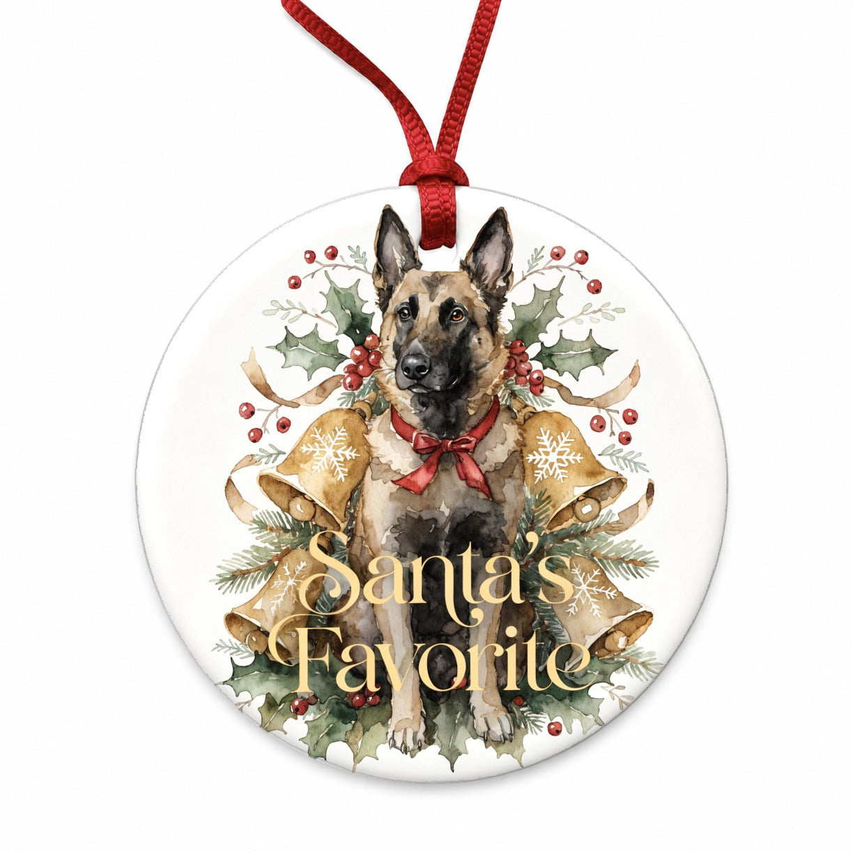 Belgian Malinois Dog Sitting Christmas Santa's Favorite Round Ceramic Holiday Christmas Tree Ornament