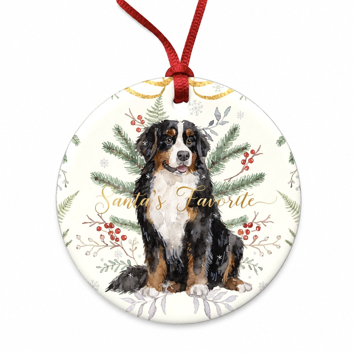 Bernese Mountain Dog Sitting Christmas Santa's Favorite Round Ceramic Holiday Christmas Tree Ornament