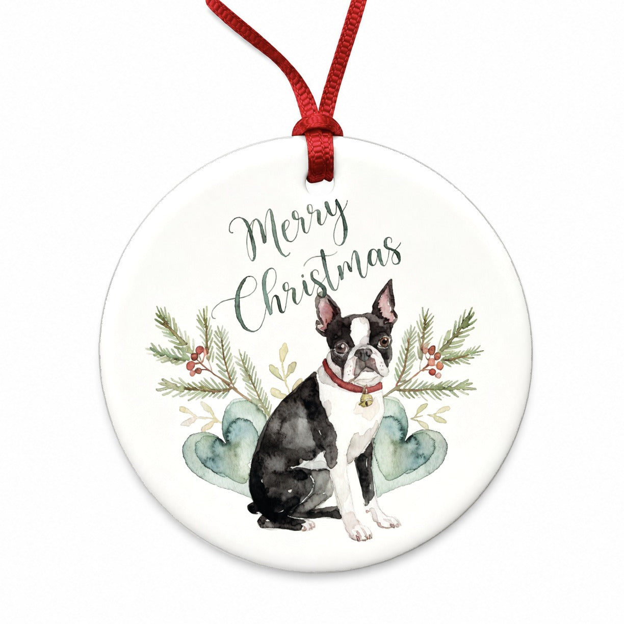 Boston Terrier Dog Merry Christmas Round Ceramic Holiday Christmas Tree Ornament