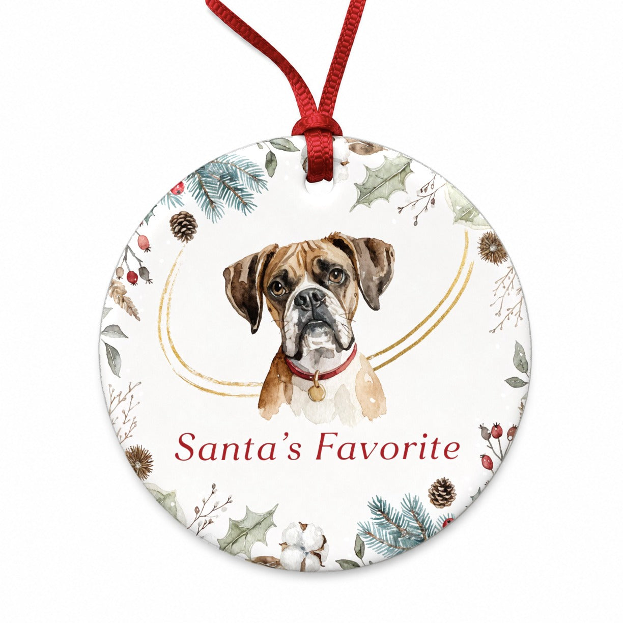 Boxer Dog Christmas Santa's Favorite Round Ceramic Holiday Christmas Tree Ornament