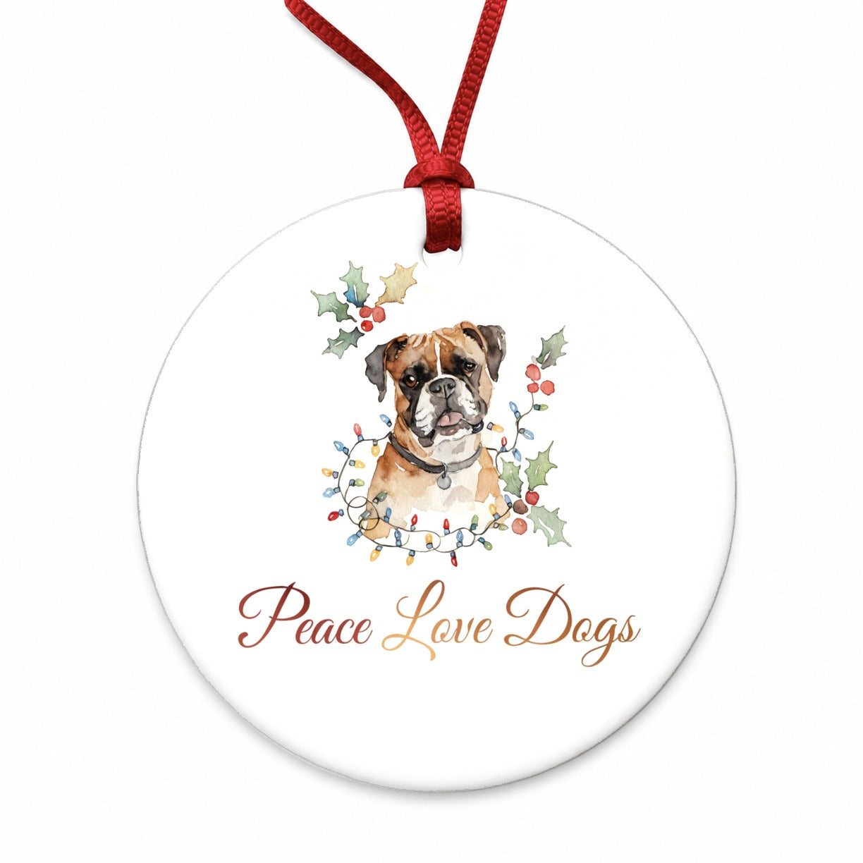 Boxer Peace Love Dogs Christsmas Round Ceramic Holiday Christmas Tree Ornament