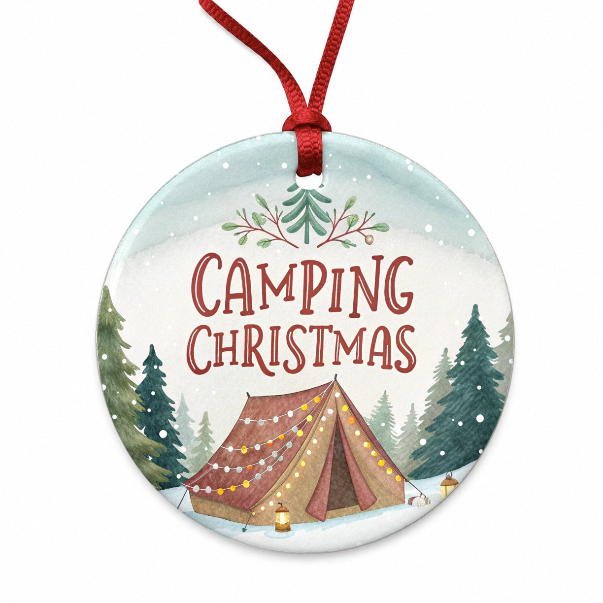 Camping Christmas Tent Round Ceramic Holiday Christmas Tree Ornament