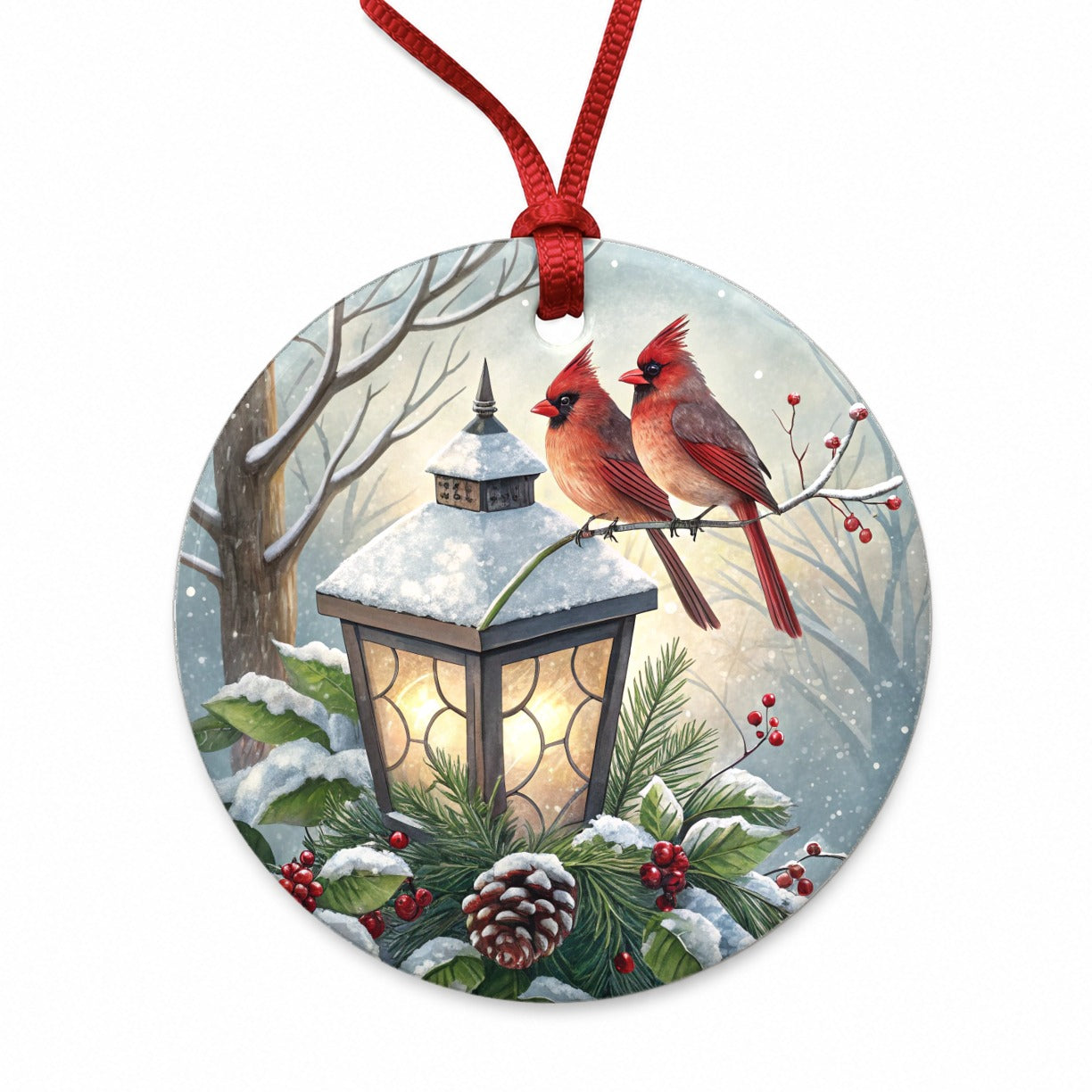 Cardinal Birds Lantern Christmas Round Ceramic Holiday Christmas Tree Ornament