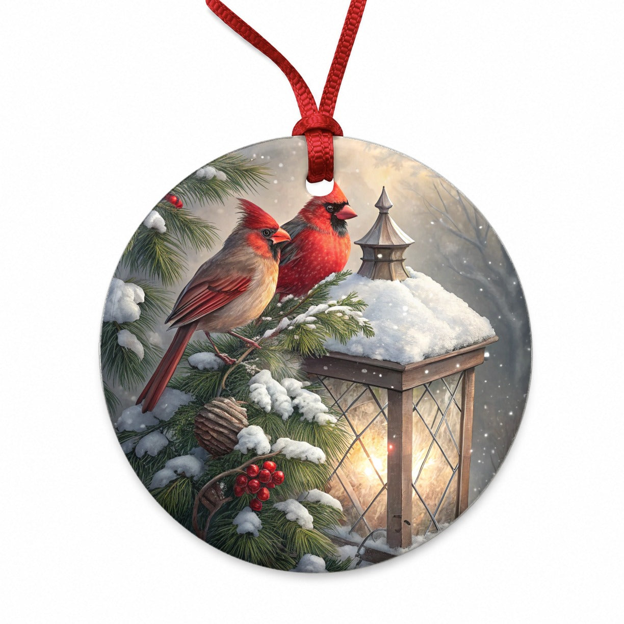 Cardinal Birds Snow Lantern Christmas Round Ceramic Holiday Christmas Tree Ornament