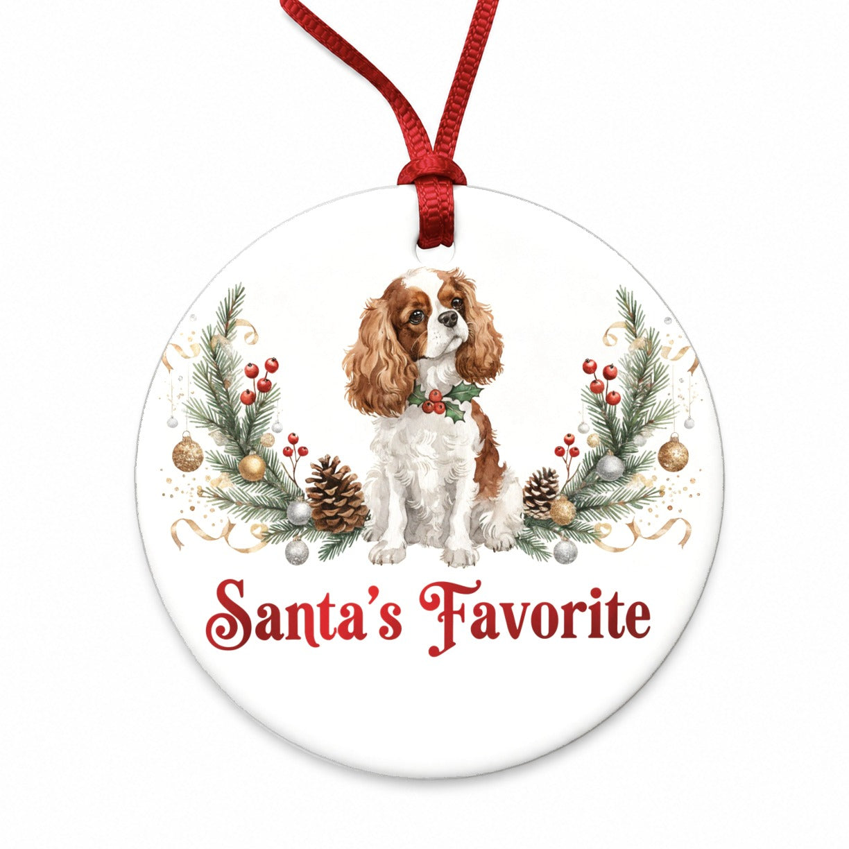 Cavalier King Charles Spaniel Dog Christmas Santa's Favorite Round Ceramic Holiday Christmas Tree Ornament