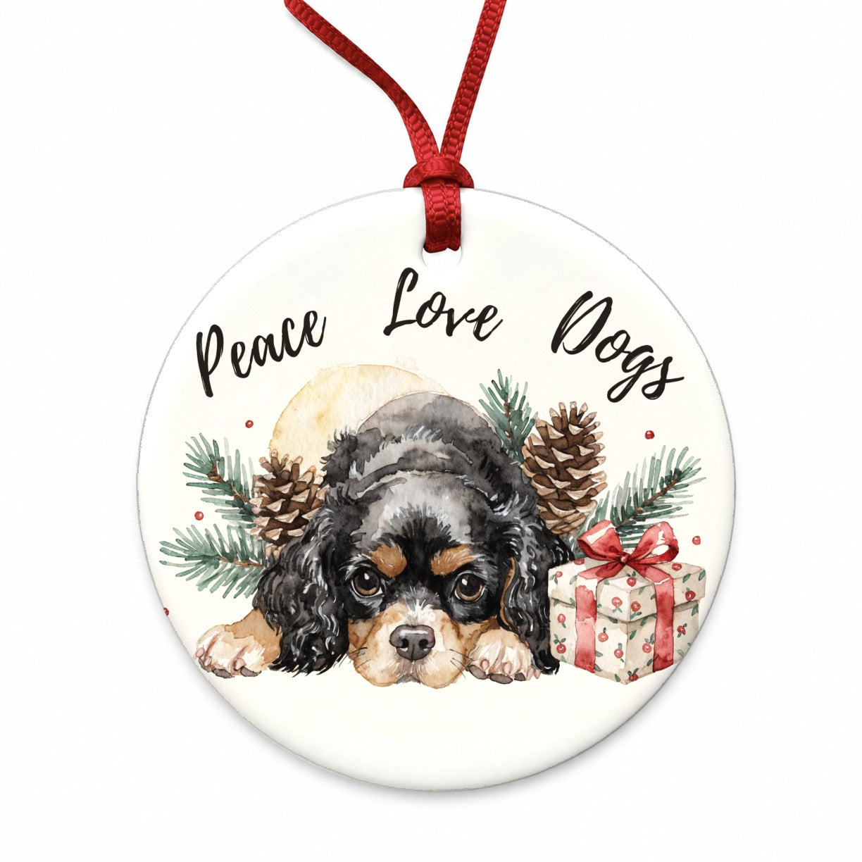 Cavalier King Charles Spaniel Peace Love Dogs Round Ceramic Holiday Christmas Tree Ornament
