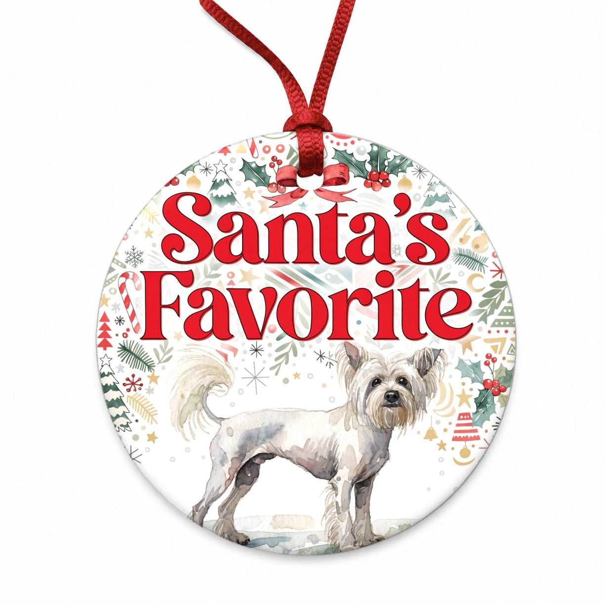 Chinese Crested Dog Christmas Santa's Favorite Round Ceramic Holiday Christmas Tree Ornament