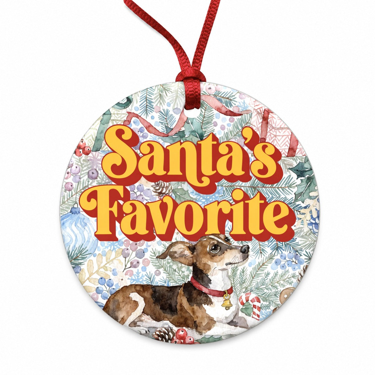 Chiweenie Dog Christmas Santa's Favorite Round Ceramic Holiday Christmas Tree Ornament