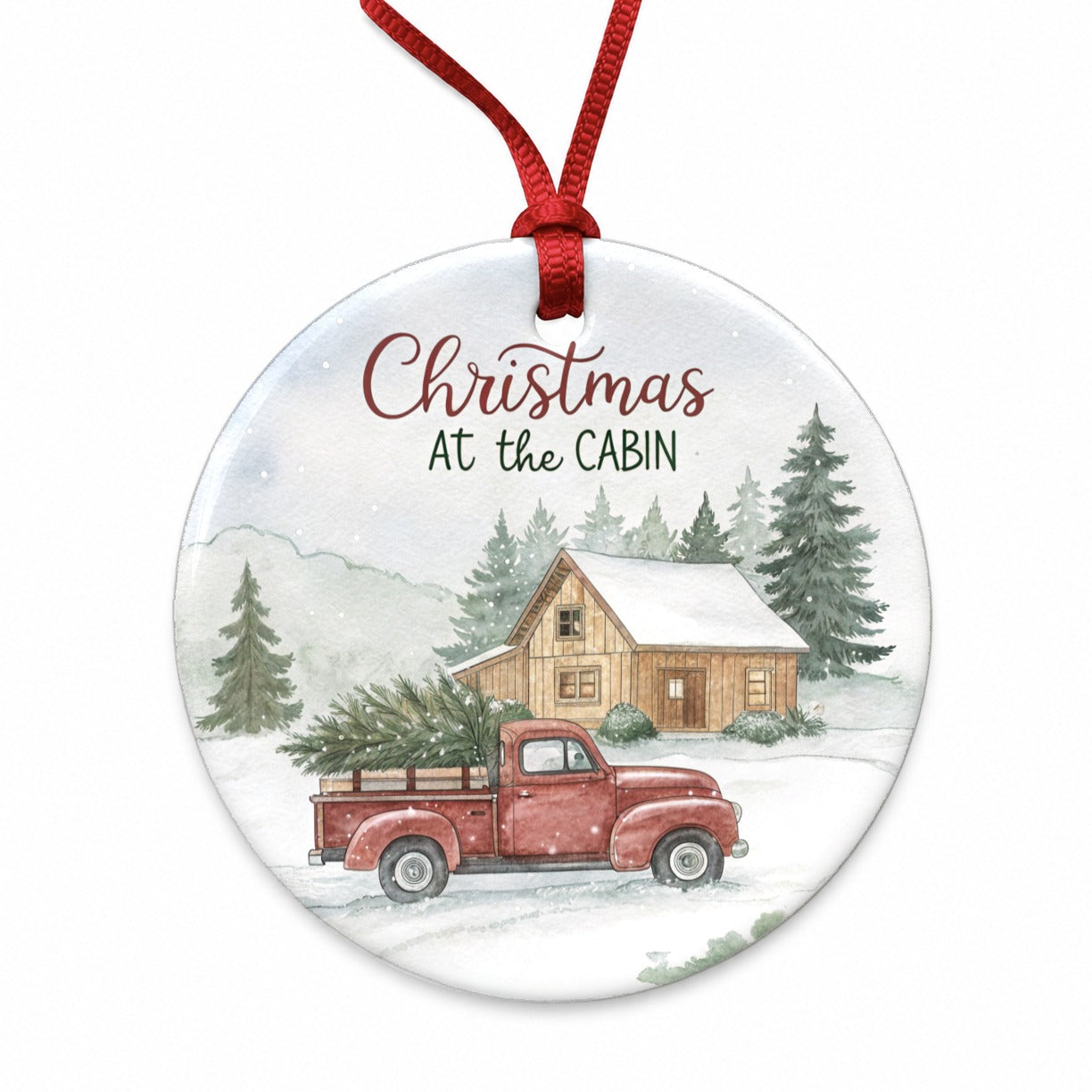 Christmas At The Cabin Red Truck Round Ceramic Holiday Christmas Tree Ornament
