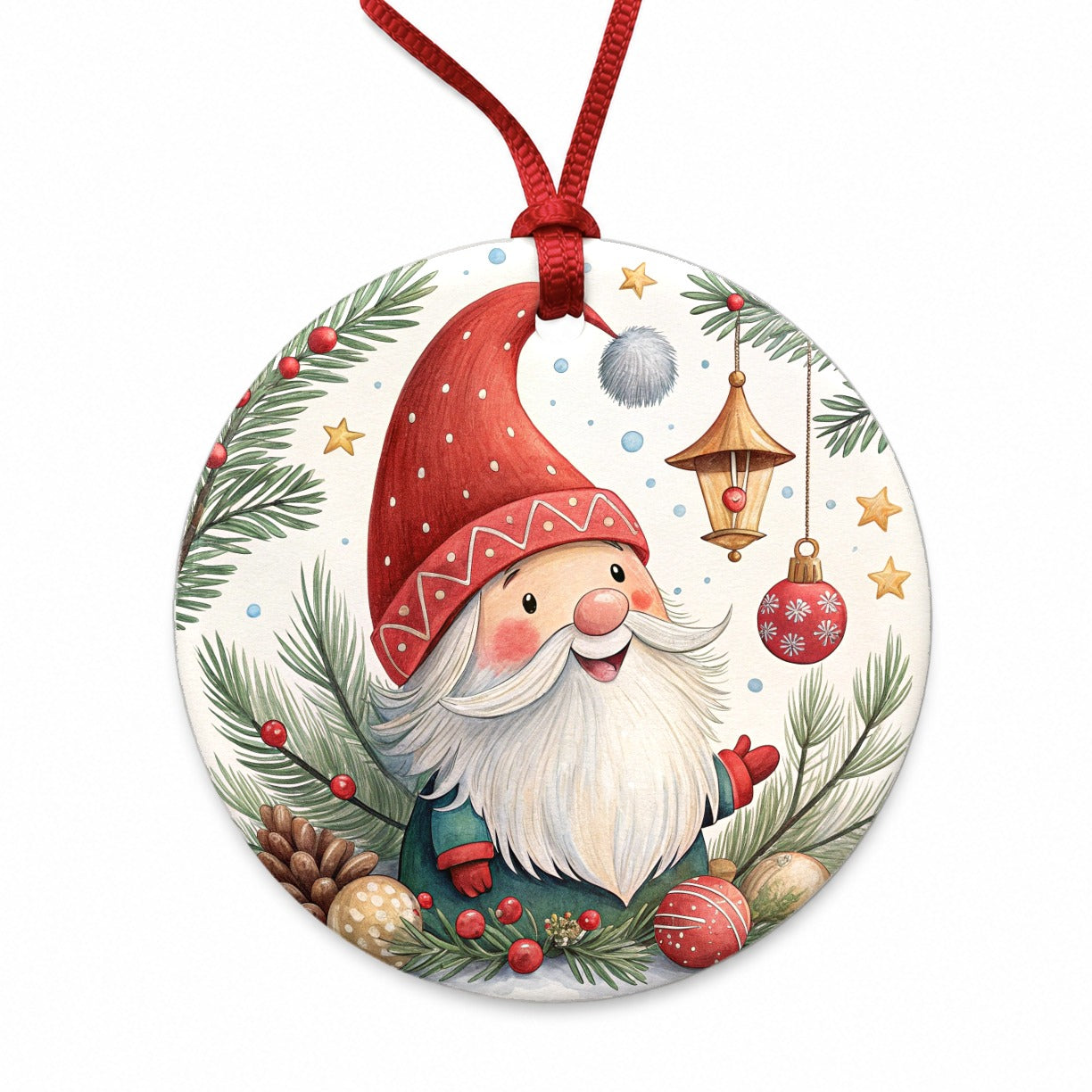 Christmas Gnome Happy Round Ceramic Holiday Christmas Tree Ornament