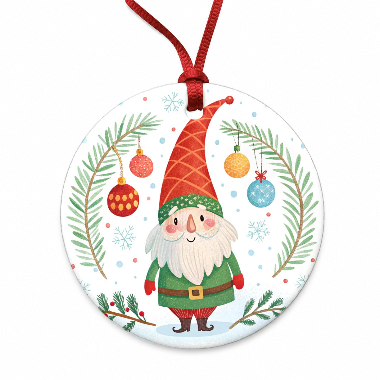 Christmas Gnome Red Green Round Ceramic Holiday Christmas Tree Ornament