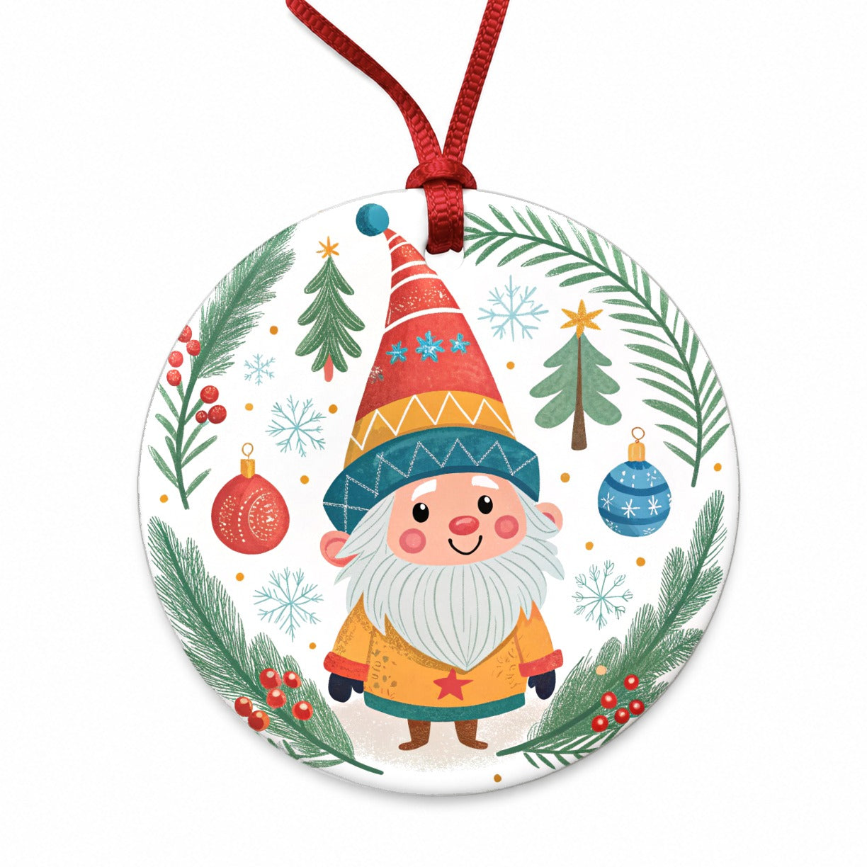 Christmas Gnome Smiling Round Ceramic Holiday Christmas Tree Ornament