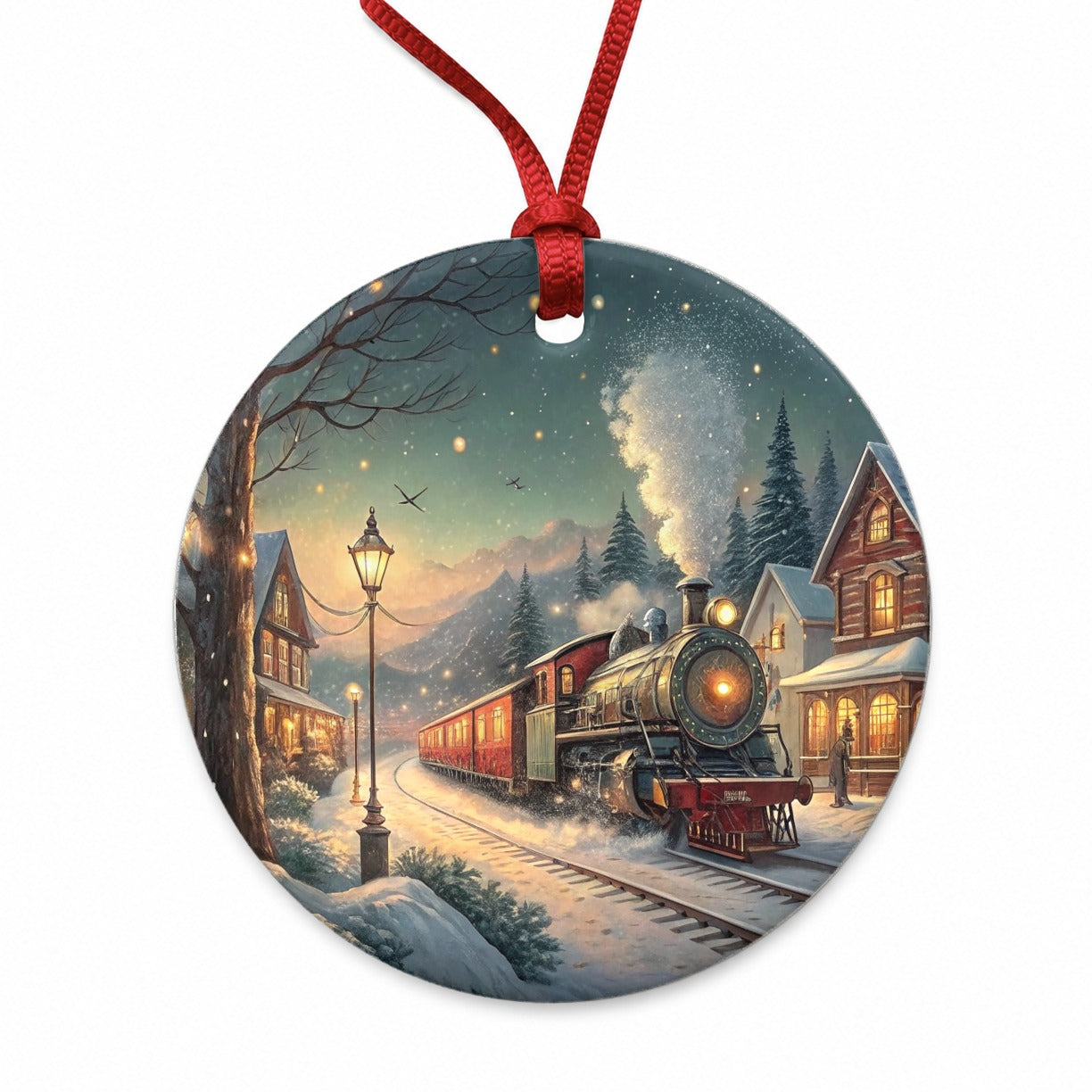 Christmas Train Snowy Village Round Ceramic Holiday Christmas Tree Ornament