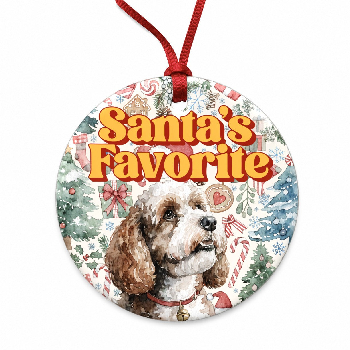 Cockapoo Dog Christmas Santa's Favorite Round Ceramic Holiday Christmas Tree Ornament