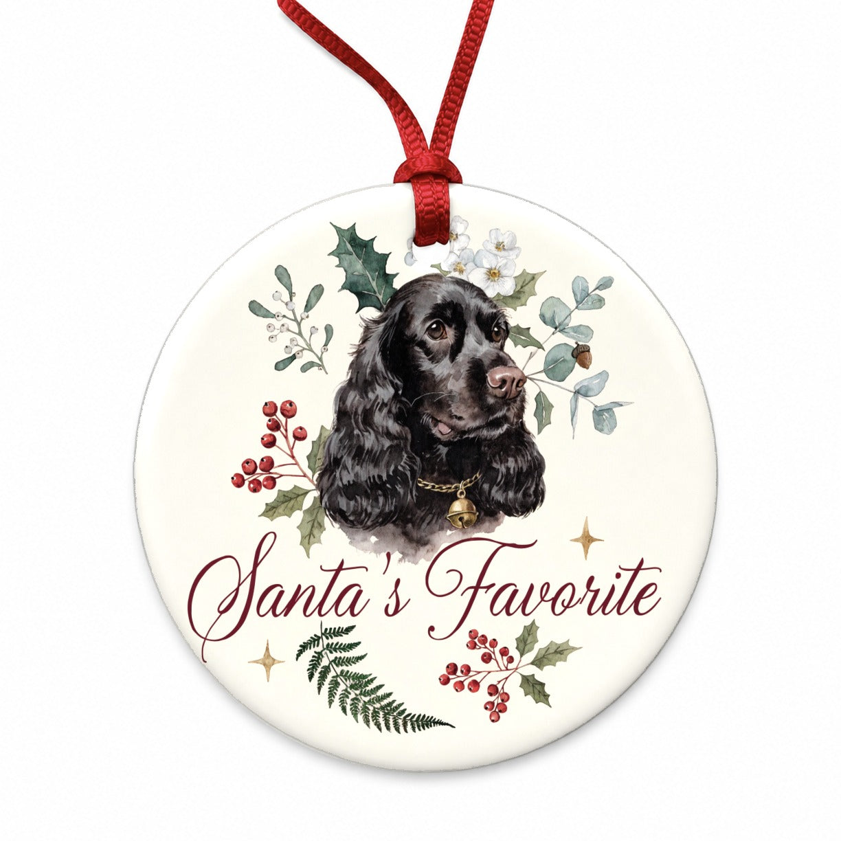 Cocker Spaniel Black Dog Christmas Santa's Favorite Round Ceramic Holiday Christmas Tree Ornament