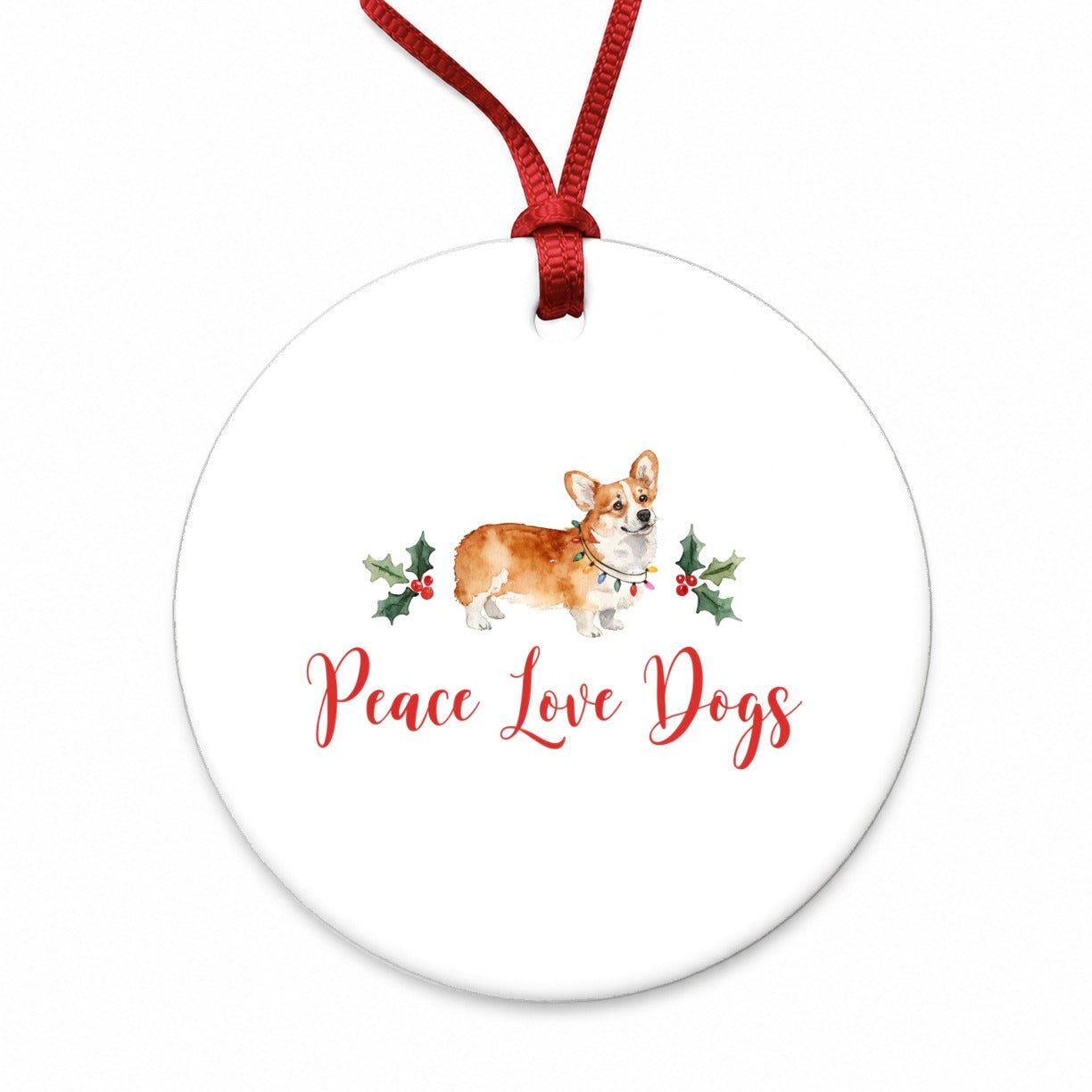 Corgi Christmas Peace Love Dogs Round Ceramic Holiday Christmas Tree Ornament
