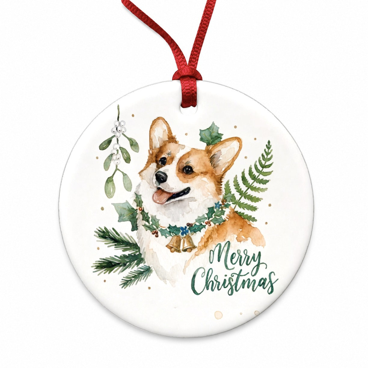 Corgi Dog Merry Christmas Round Ceramic Holiday Christmas Tree Ornament
