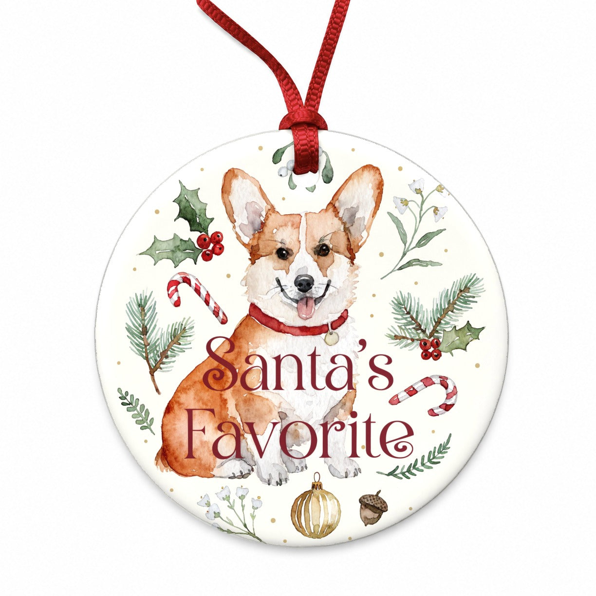Corgi Sitting Dog Christmas Santa's Favorite Round Ceramic Holiday Christmas Tree Ornament